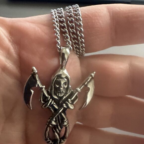Skull Sword Axe Knife Pendant Stainless Steel Cuban Link 24 Inch Men’s Viking - Picture 5 of 6